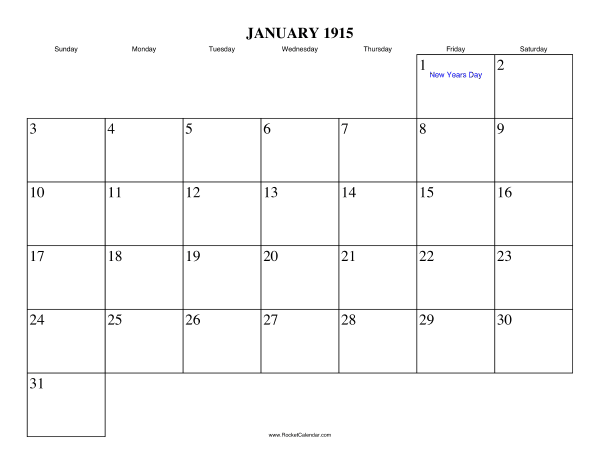 January 1915 Calendar