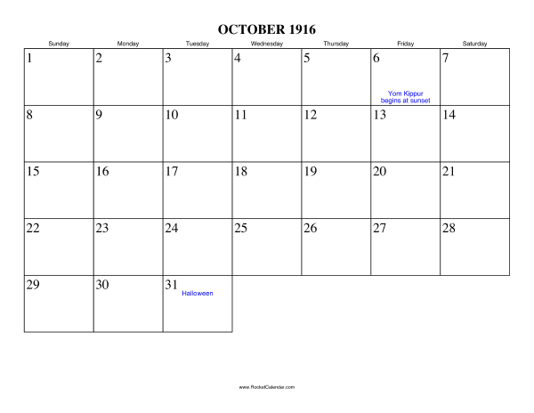 October 1916 Calendar