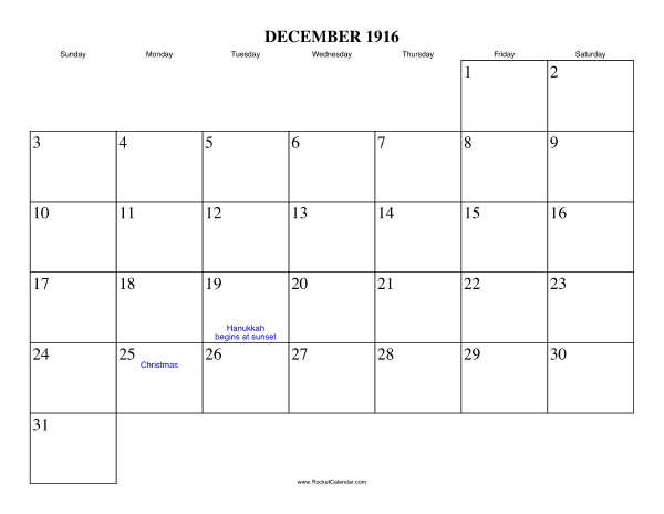 December 1916 Calendar