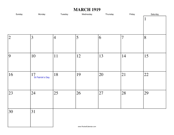 March 1919 Calendar