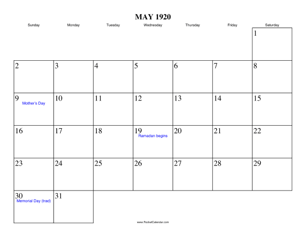 May 1920 Calendar