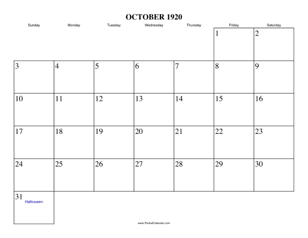 October 1920 Calendar