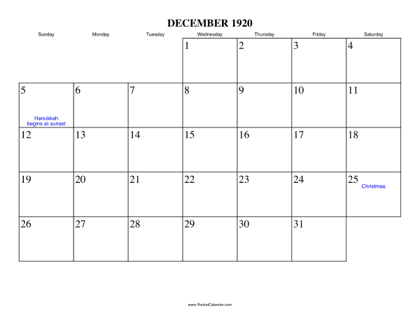 December 1920 Calendar