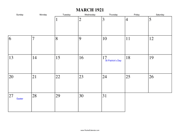 March 1921 Calendar