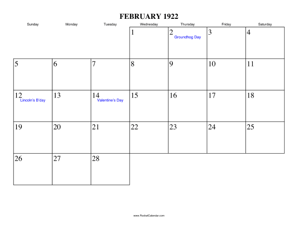 February 1922 Calendar