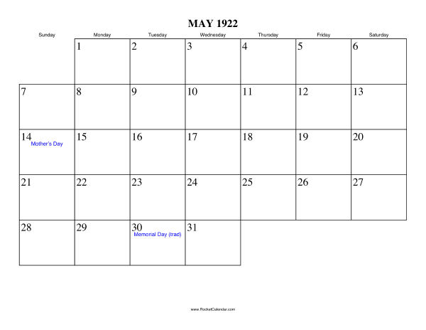 May 1922 Calendar