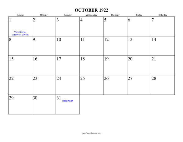 October 1922 Calendar