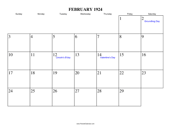 February 1924 Calendar