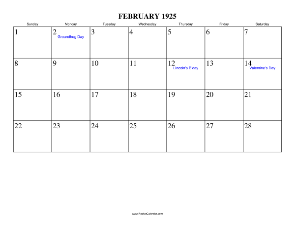 February 1925 Calendar