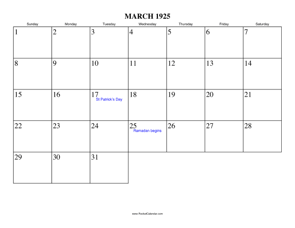 March 1925 Calendar