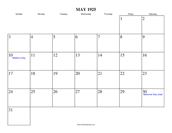 May 1925 Calendar