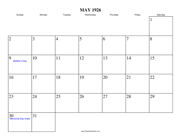 May 1926 Calendar