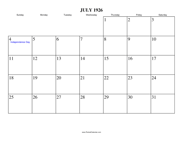 July 1926 Calendar