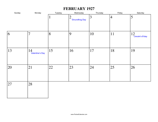 February 1927 Calendar