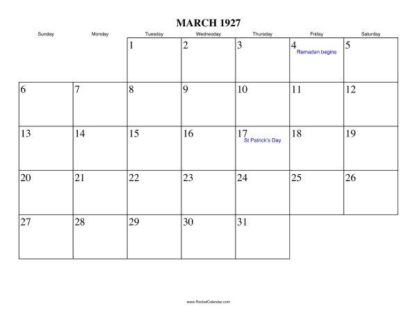 March 1927 Calendar