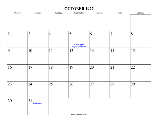 October 1927 Calendar