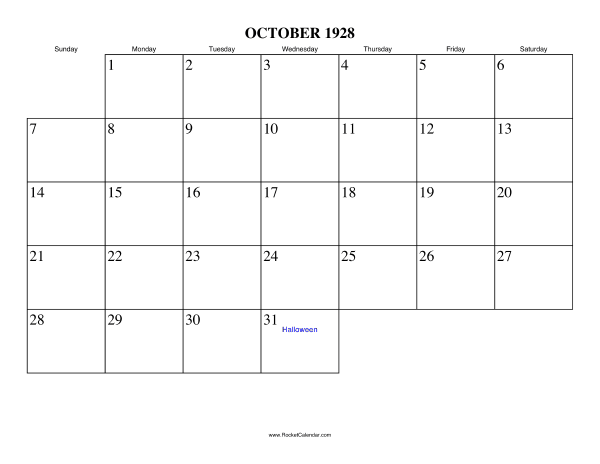 October 1928 Calendar