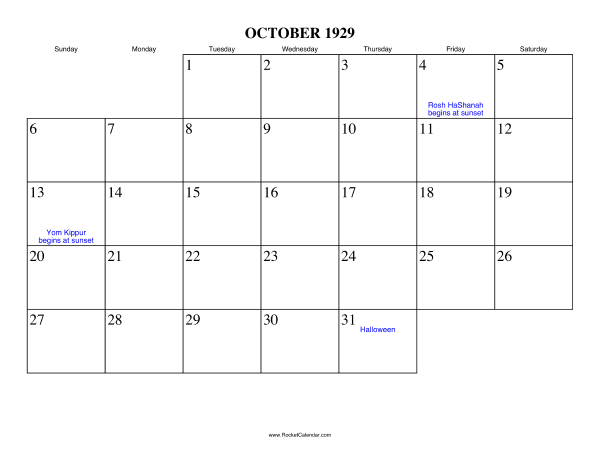 October 1929 Calendar