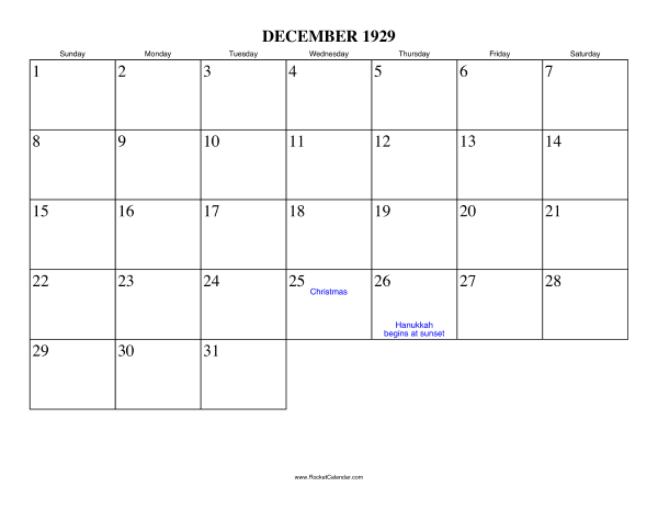 December 1929 Calendar