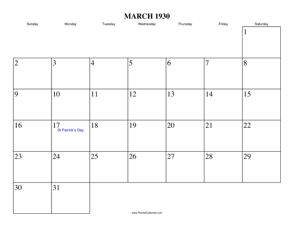 March 1930 Calendar