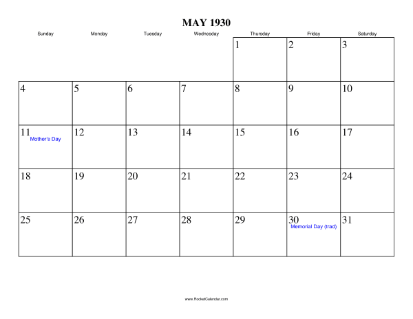 May 1930 Calendar