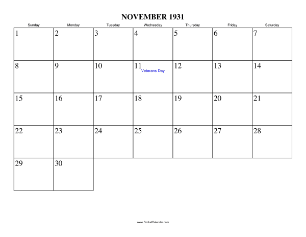 November 1931 Calendar