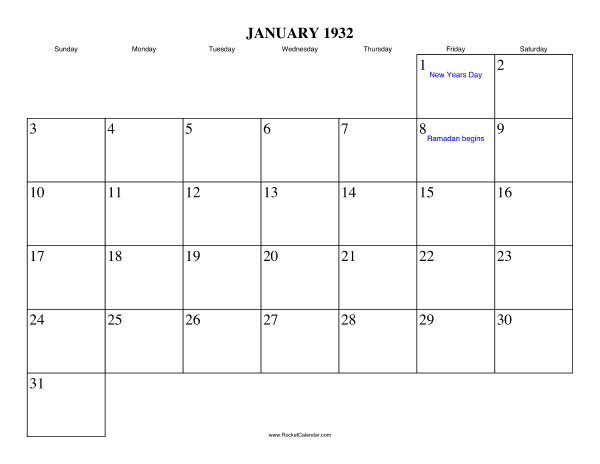 January 1932 Calendar