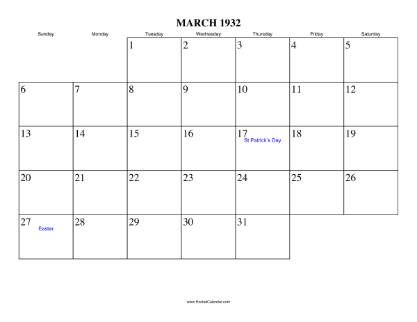 March 1932 Calendar