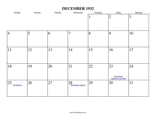 December 1932 Calendar