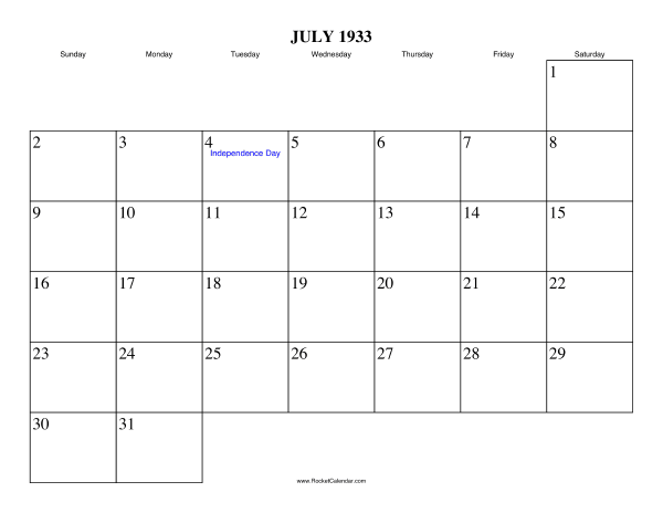 July 1933 Calendar