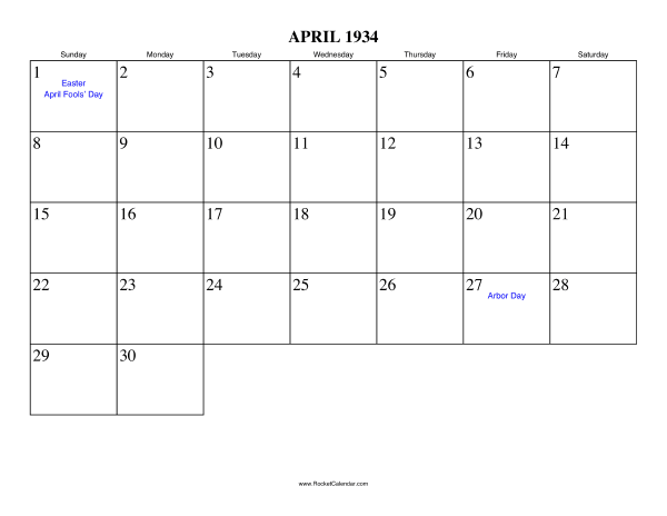 April 1934 Calendar