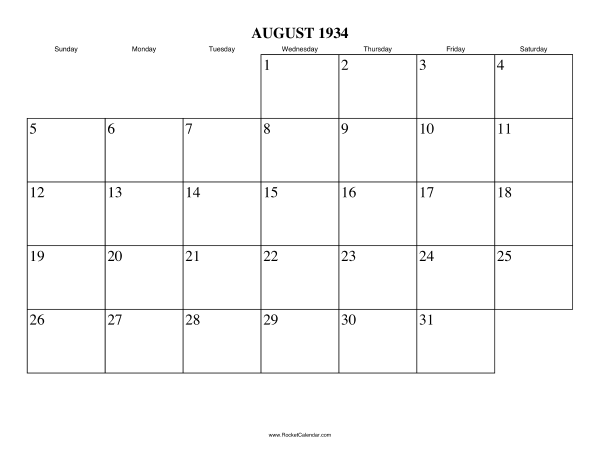 August 1934 Calendar