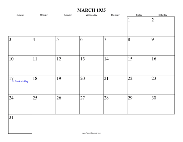 March 1935 Calendar