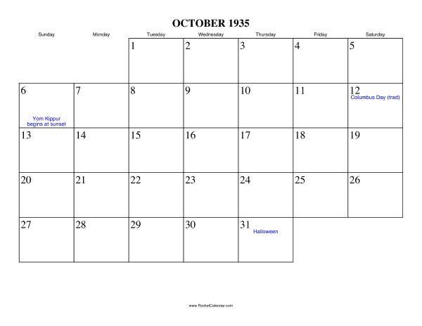 October 1935 Calendar