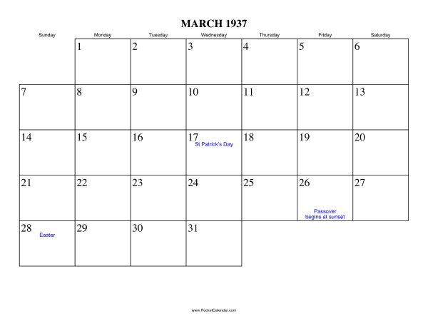 March 1937 Calendar