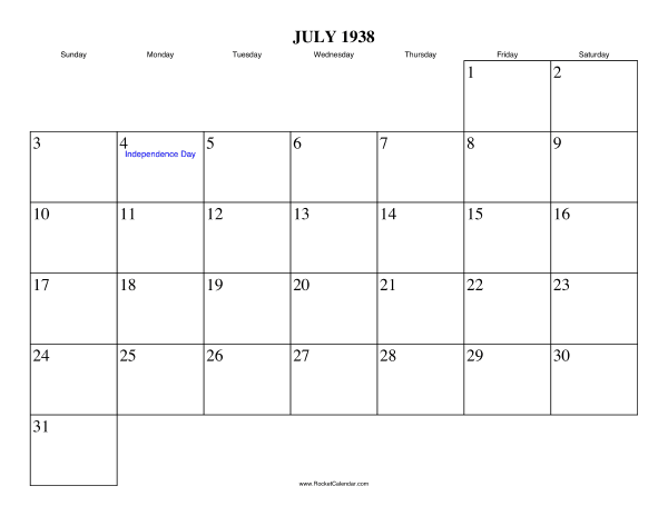 July 1938 Calendar