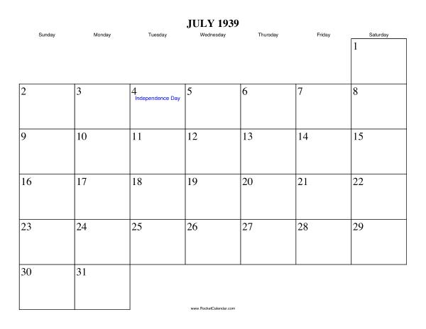 July 1939 Calendar