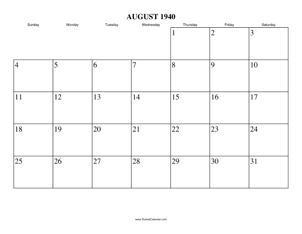 August 1940 Calendar