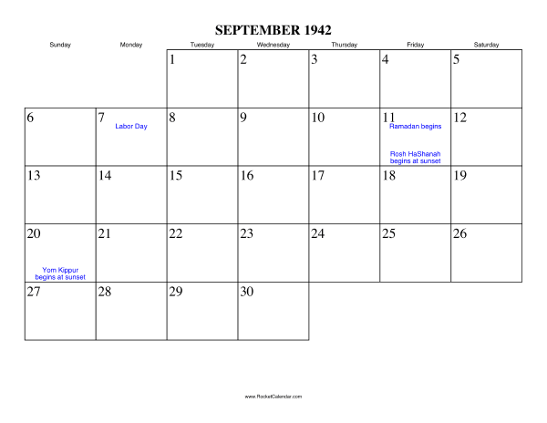 September 1942 Calendar