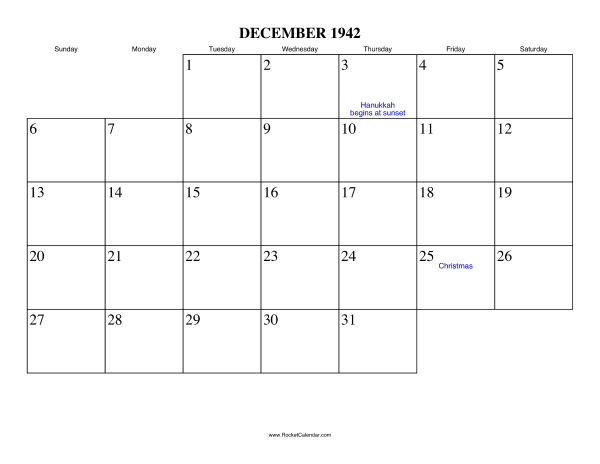 December 1942 Calendar