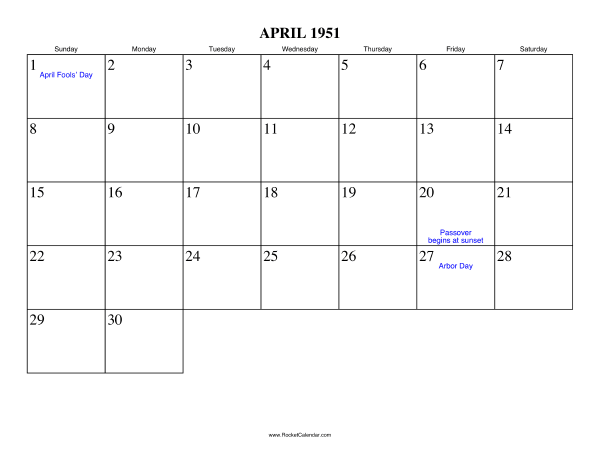 April 1951 Calendar