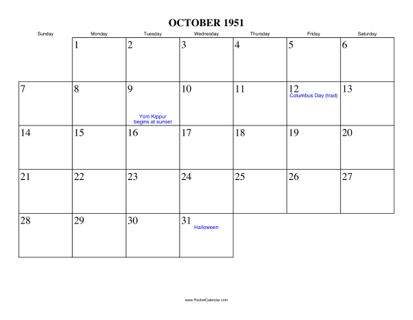 October 1951 Calendar