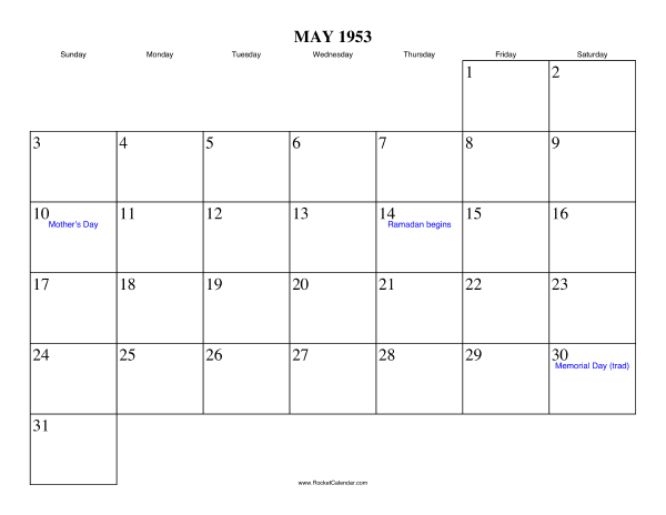 May 1953 Calendar