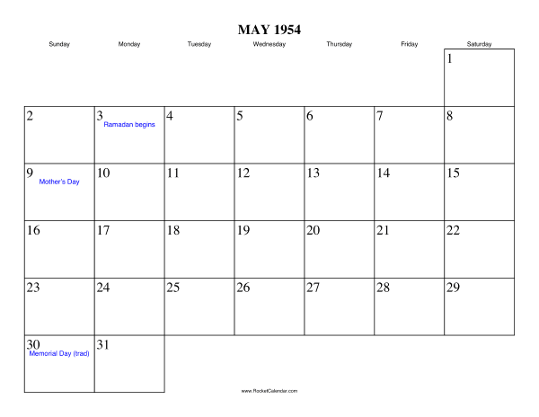 May 1954 Calendar