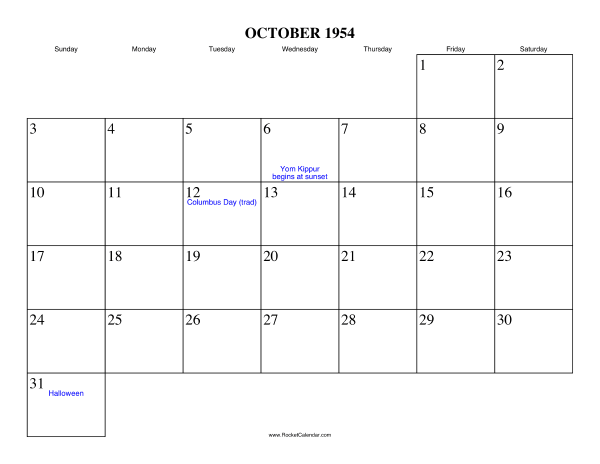 October 1954 Calendar