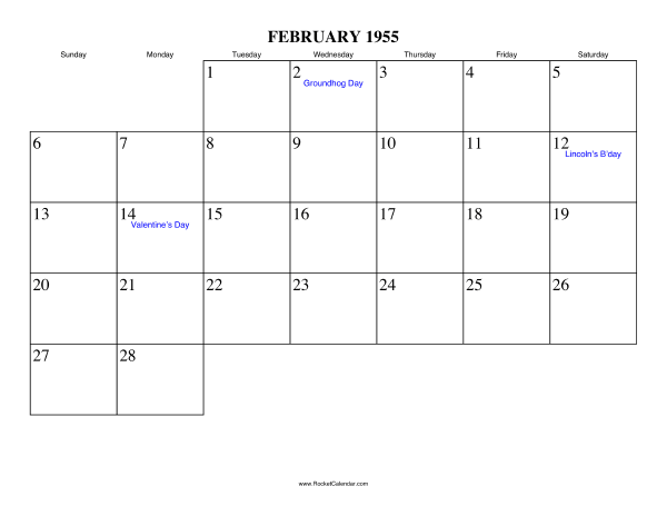 February 1955 Calendar