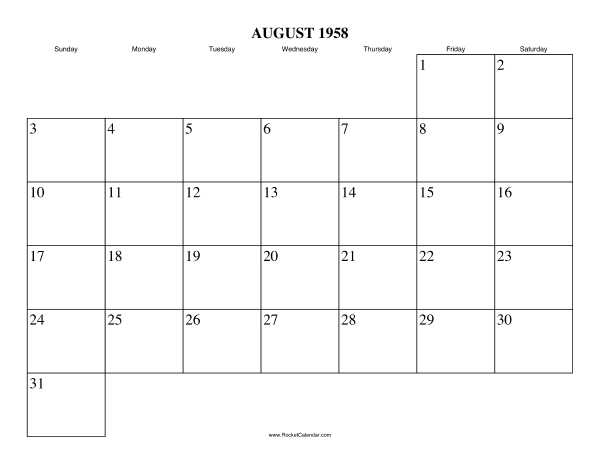 August 1958 Calendar