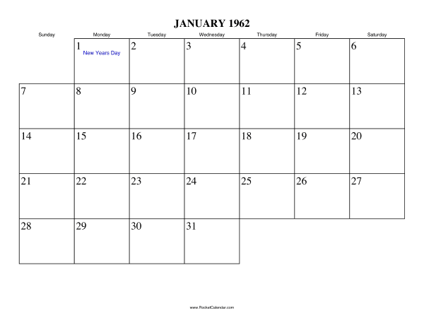 January 1962 Calendar