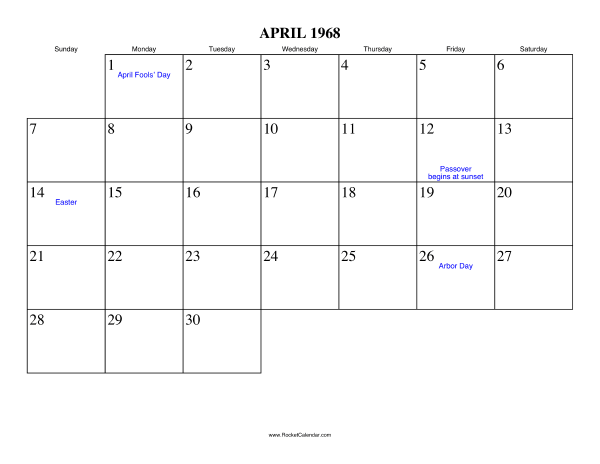 April 1968 Calendar