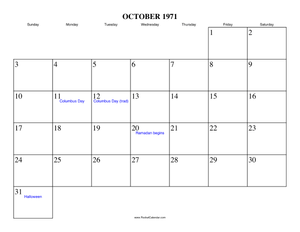 October 1971 Calendar